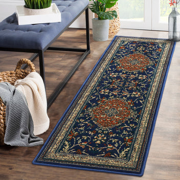 Garvee Monaco Collection Runner Rug - 2x8, Navy Blue & Orange, Boho Chic Medallion Distressed Design, Non-Shedding & Easy Care, Ideal for High Traffic Areas in Living Room, Bedroom