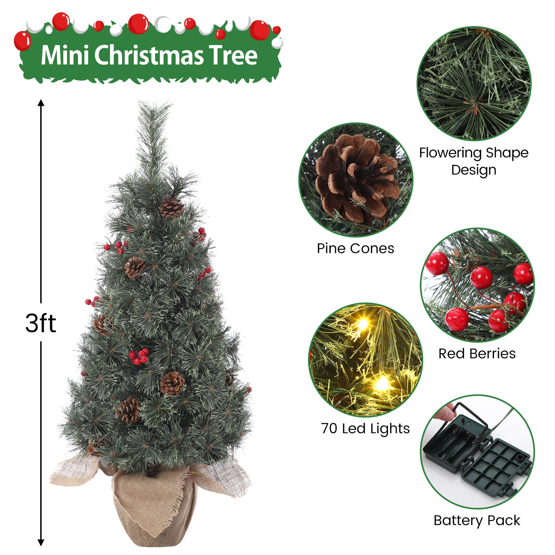 Garvee 3ft Small Christmas Tree, Pre-lit Xmas Tree with Cloth Bag Base, Mini Christmas Tree with LED Lights, Artificial Christmas Tree with Pine Cones and Berries for Desk Decoration