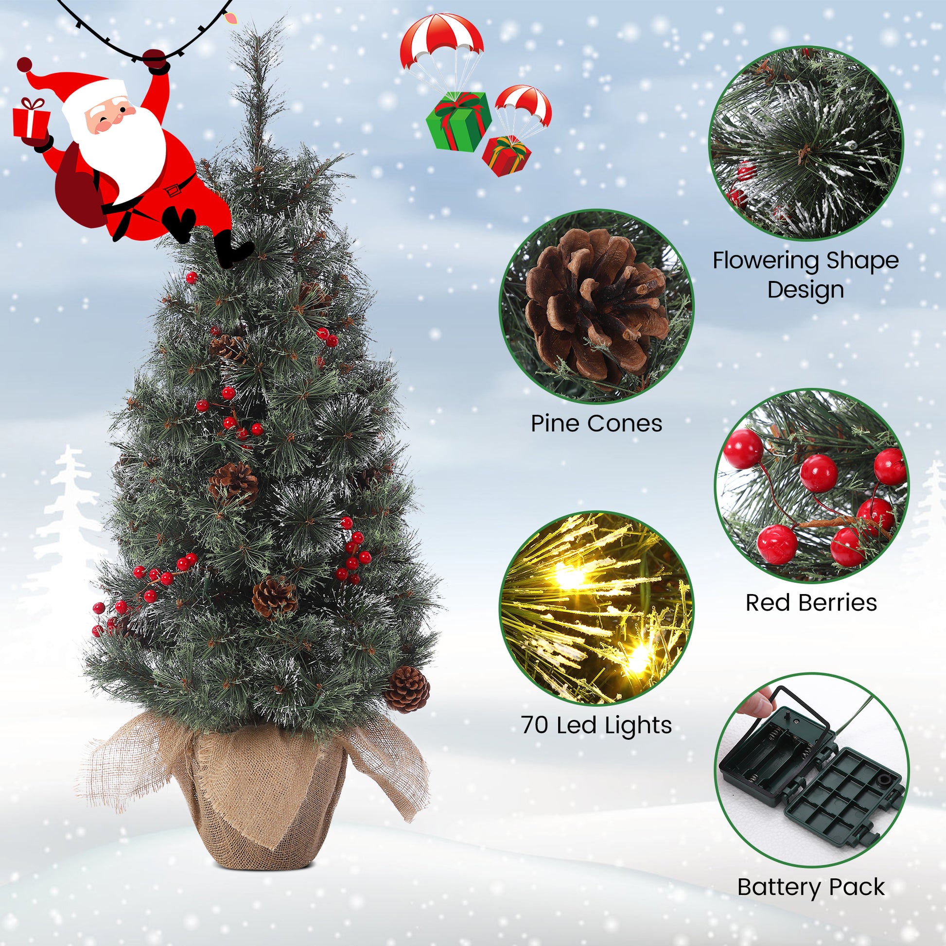 Garvee Pre-Lit Artificial Small Christmas Tree 3ft with 78 Warm White Lights, Tabletop Mini Christmas Tree with a Burlap Base, Battery Operated and Timer Function, Christmas Decoration for Home, 2 PCS