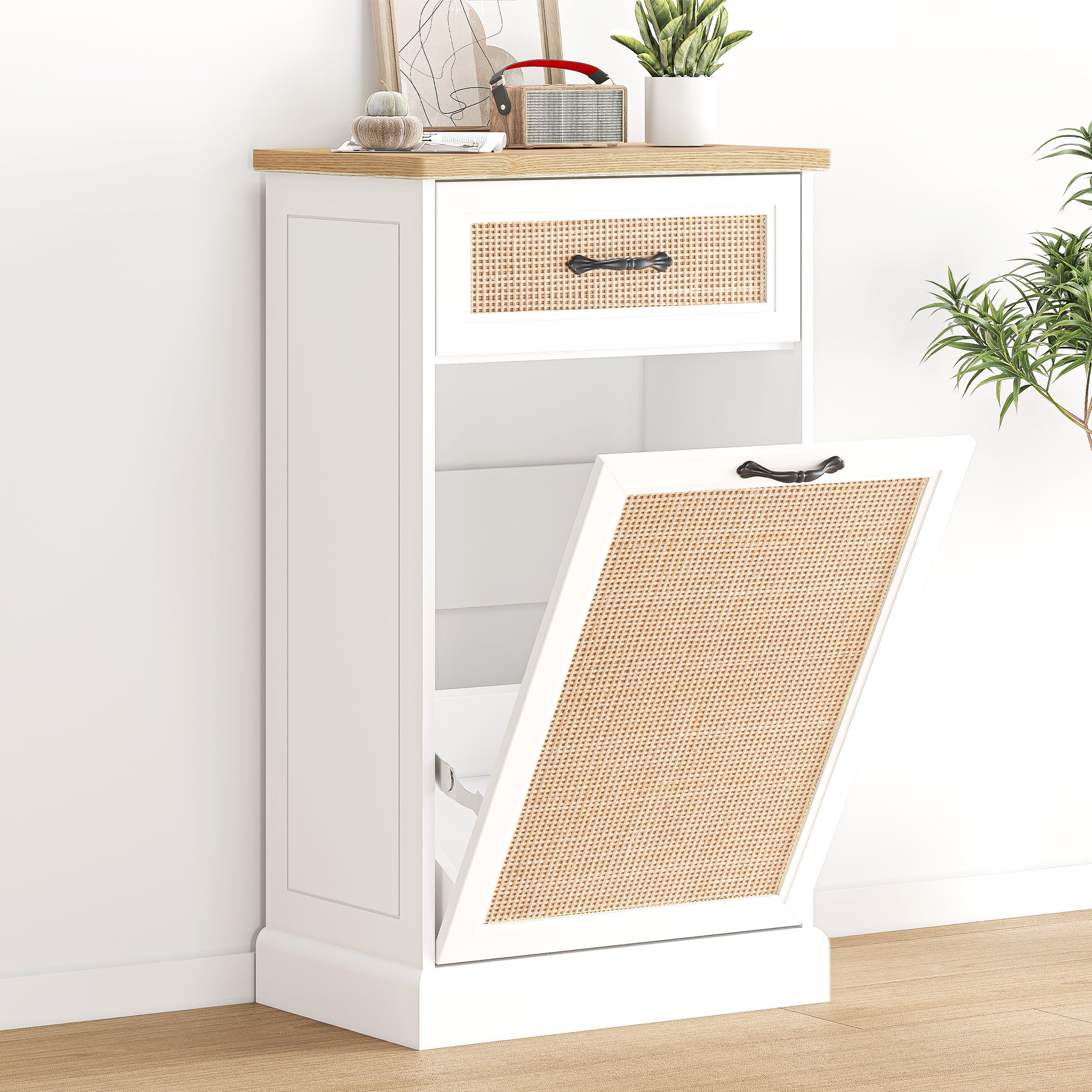 Garvee Tilt Out Trash Cabinet, Rattan Trash Can Cabinet with 10 Gallon Storage, Hidden Garbage Bin Holder for Kitchen Dining Living Room, Single