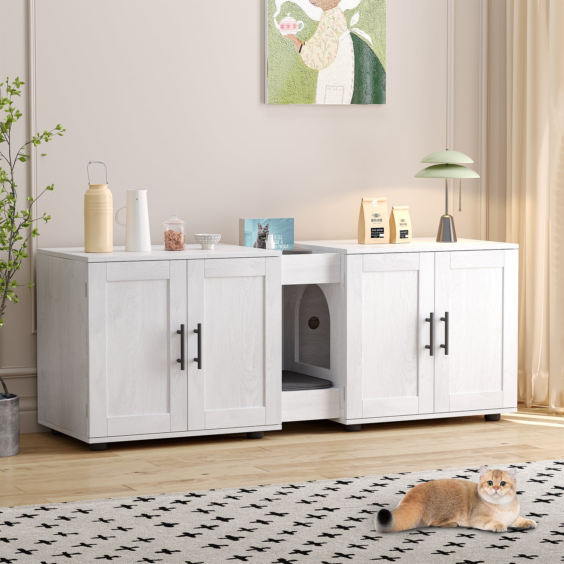 Garvee Litter Box Enclosure with Double Room, Hidden Cat Litter Box Cabinet Furniture for 2 Cats with Storage Groove & Odor-Reducing Mat, Wooden Enclosed Cat House for Home Apartment, White