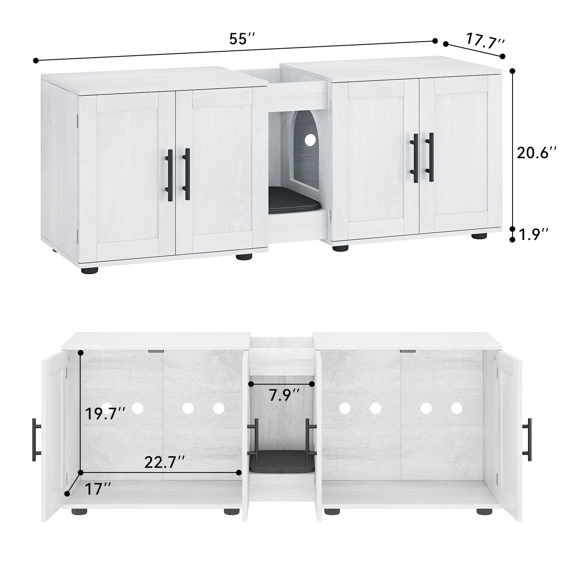 Garvee Litter Box Enclosure with Double Room, Hidden Cat Litter Box Cabinet Furniture for 2 Cats with Storage Groove & Odor-Reducing Mat, Wooden Enclosed Cat House for Home Apartment, White