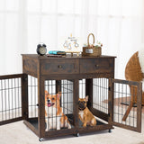 Garvee Dog Crate Furniture with 2 Drawers, Wooden Dog Kennel End Table with Divider and Removable Tray, Double Rooms Dog Cage for 2 Dogs, Brown - Brown