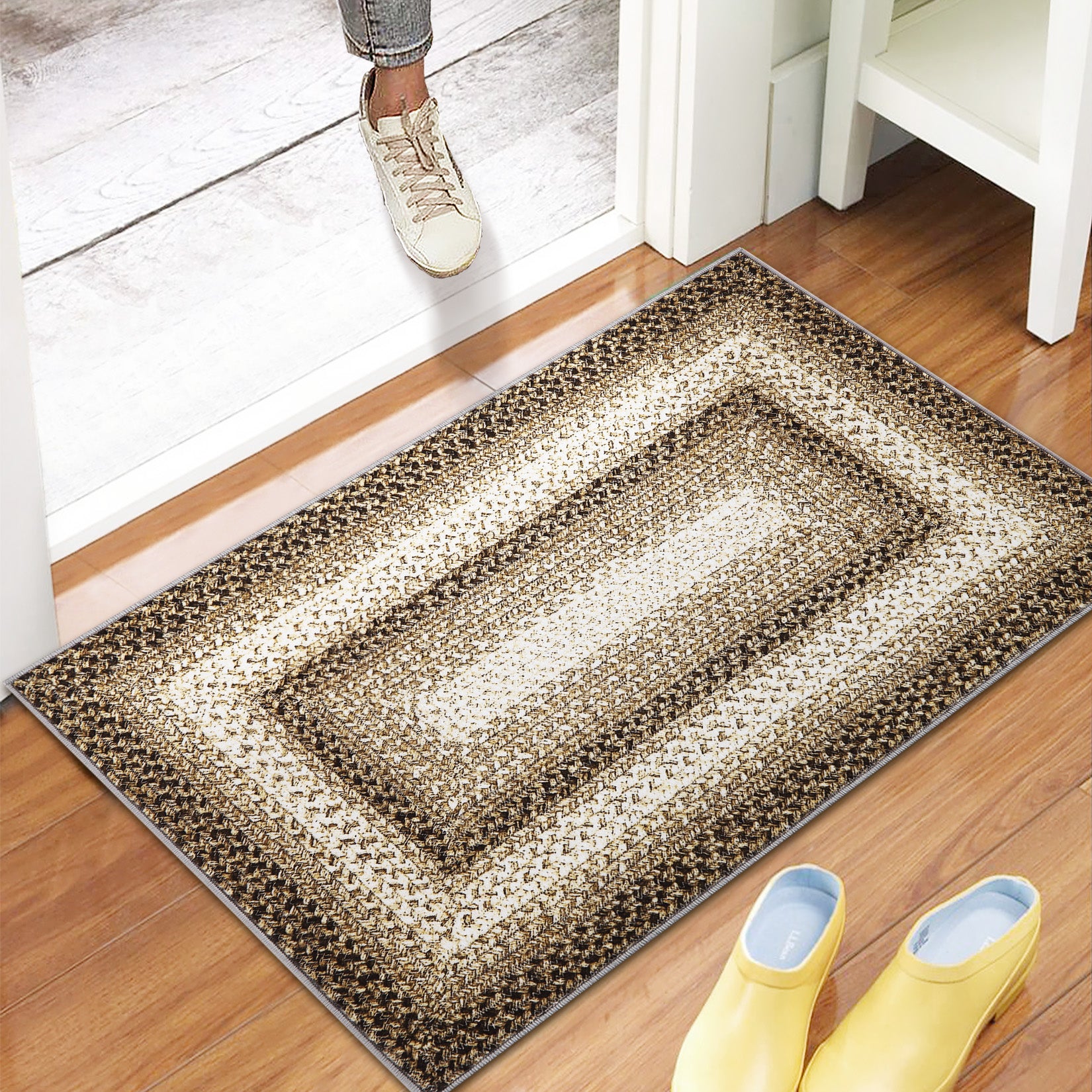 Garvee Bordered Taupe 2x3 Braided Rug, Entryway Rugs Indoor Rustic Area Rug Washable Rug Modern Geometric Area Rug Non-Slip Boho Rug for Living Room Bedroom Kitchen