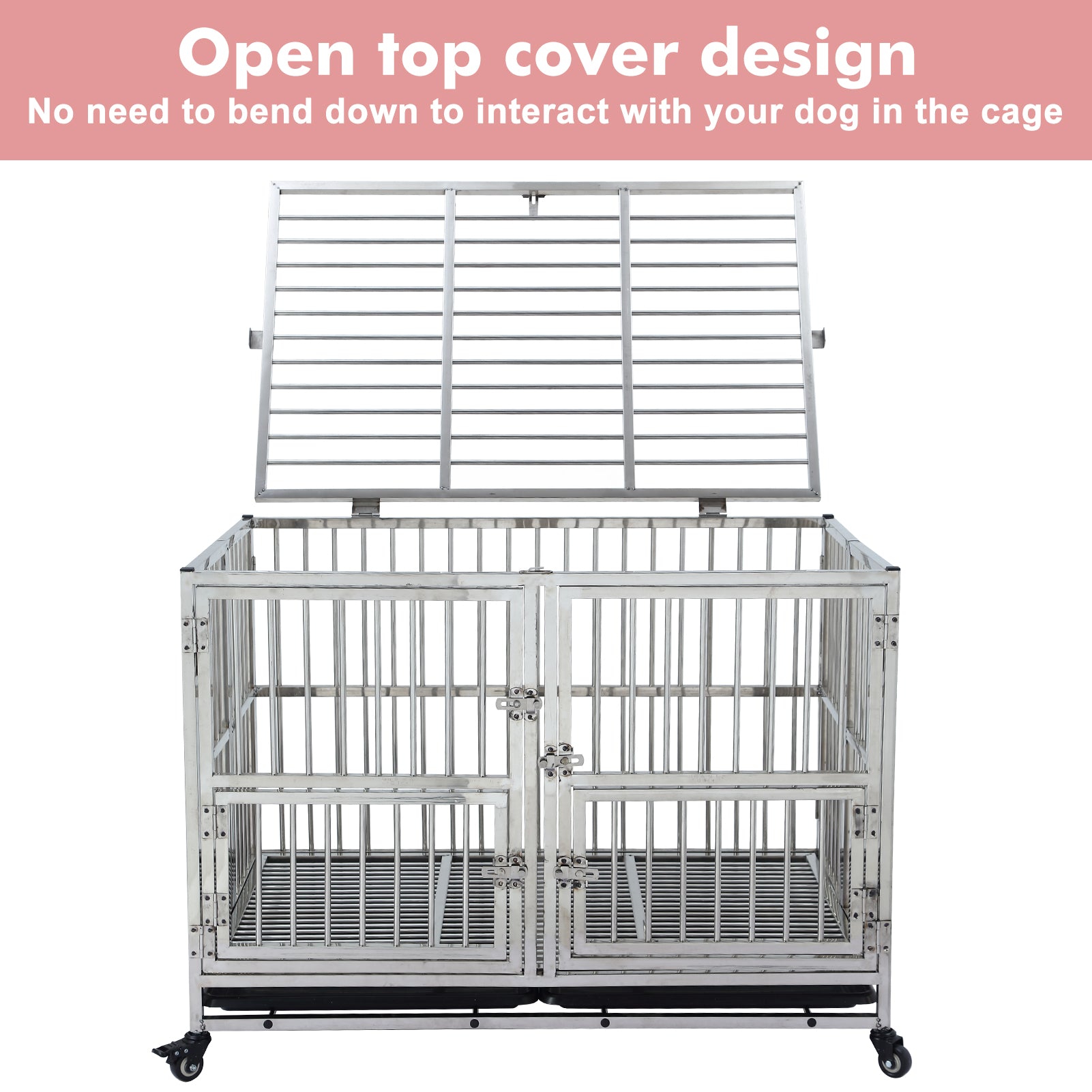 Garvee 48" Heavy Duty Dog Crate Cage Kennel with Wheels, Full Stainless Steel High Anxiety Indestructible Dog Crate, Sturdy Locks Design, Double Door Small Door Design & Removable Tray Design (Silver)
