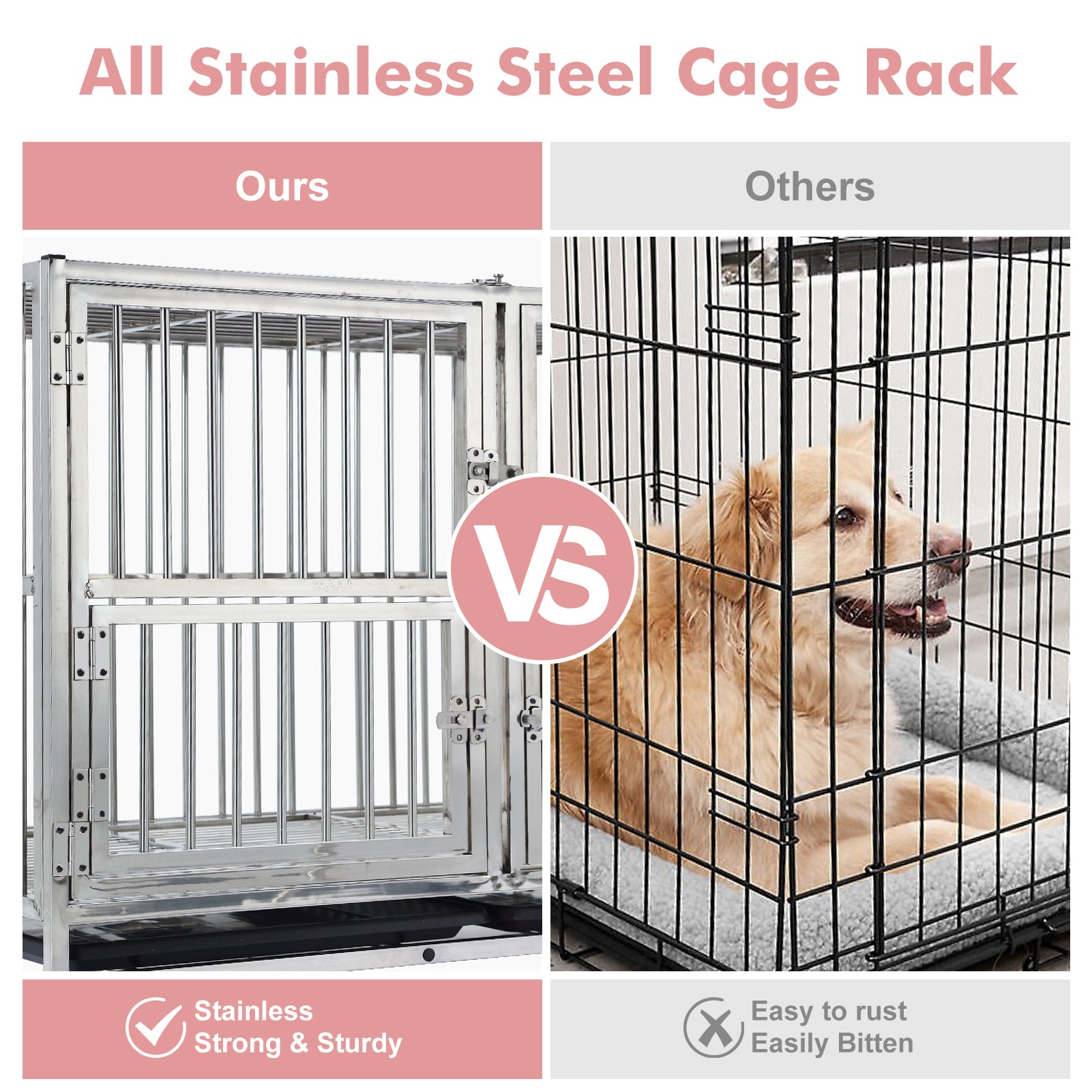 Garvee 48" Heavy Duty Dog Crate Cage Kennel with Wheels, Full Stainless Steel High Anxiety Indestructible Dog Crate, Sturdy Locks Design, Double Door Small Door Design & Removable Tray Design (Silver)