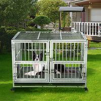 Garvee 48" Heavy Duty Dog Crate Cage Kennel with Wheels, Full Stainless Steel High Anxiety Indestructible Dog Crate, Sturdy Locks Design, Double Door Small Door Design & Removable Tray Design (Silver)