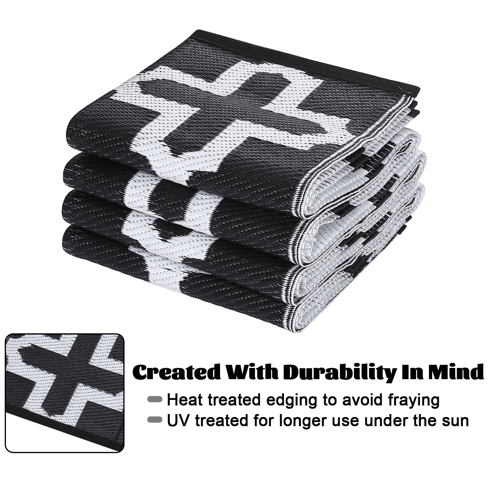Garvee Outdoor Black & White 5x8 Rug, Waterproof Reversible Plastic Straw Geometric Carpet for Camping, RV, Backyard, Deck, Patio