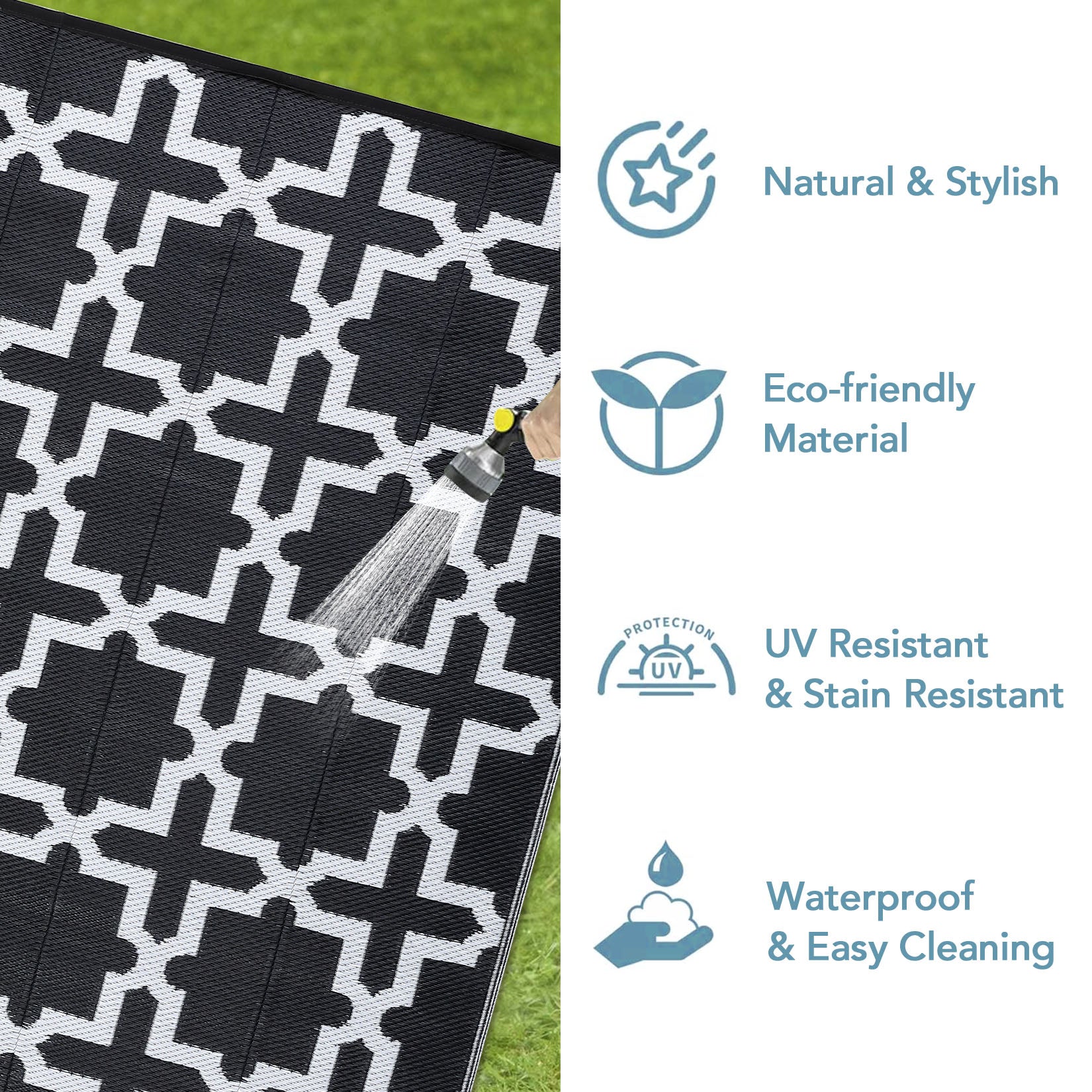 Garvee Outdoor Black & White 5x8 Rug, Waterproof Reversible Plastic Straw Geometric Carpet for Camping, RV, Backyard, Deck, Patio
