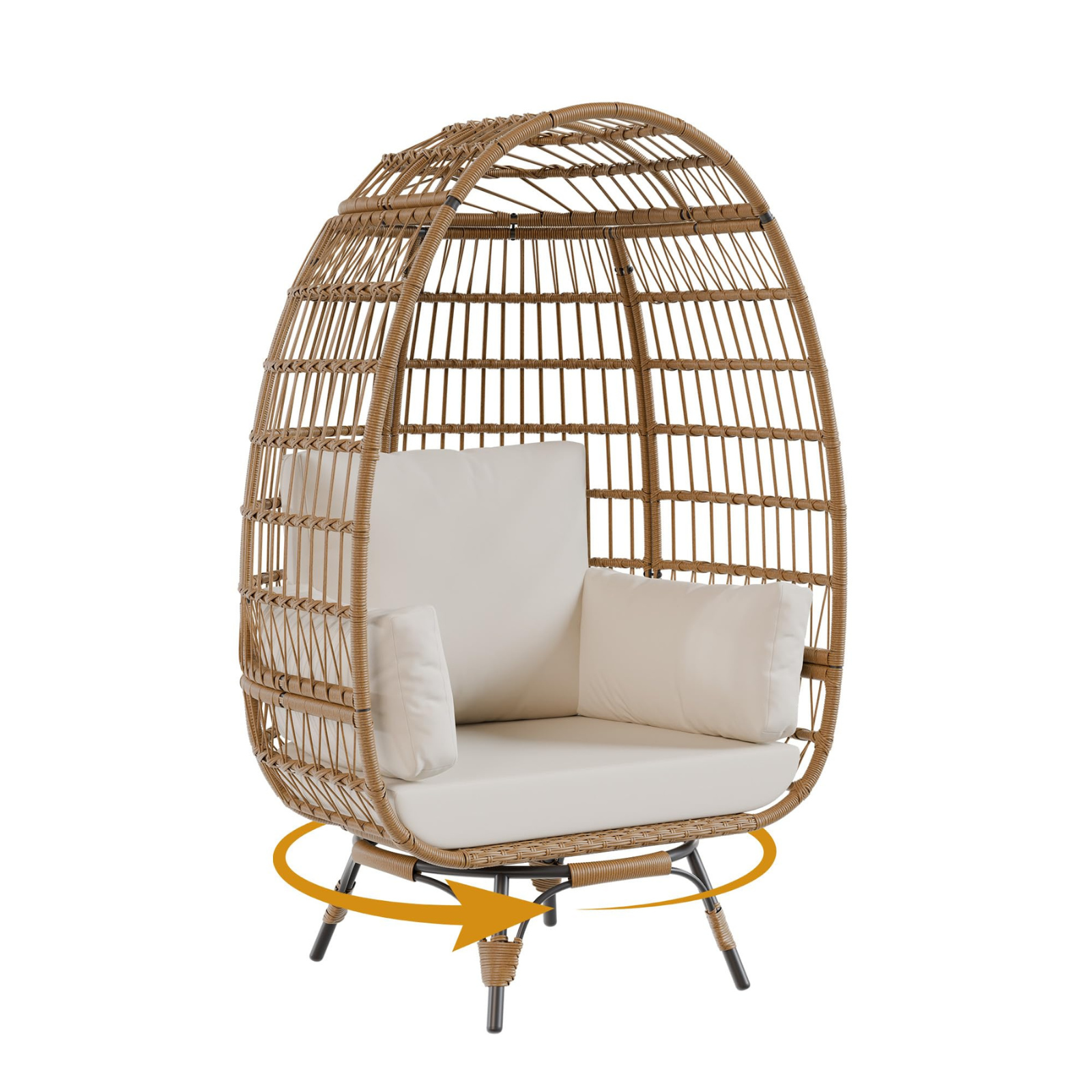 Garvee 360° Swivel Egg Chair, Oversized Patio Rotating Basket Chair, Steel Frame and Metal Base, Waterproof, PE Rattan Lounge Chair for Indoor & Outdoor Patio, Living Room, and Backyard, Beige