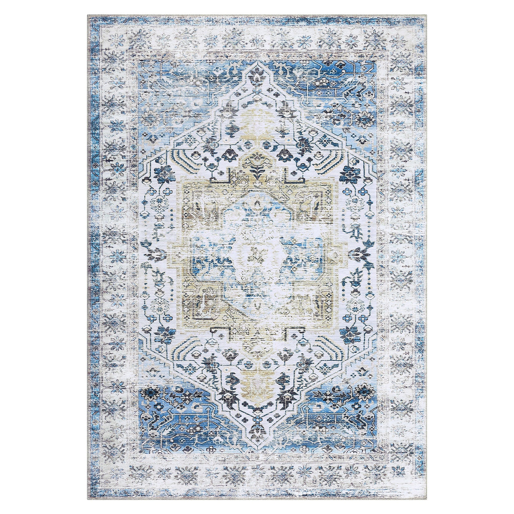 Garvee Area Rug 2x3 Machine Washable Rug Blue Vintage Distressed Area Rugs Indoor Floor Cover Carpet Rug Soft Velvet Mat Foldable Accent Rug for Living Room Bedroom, 2'x3', Blue