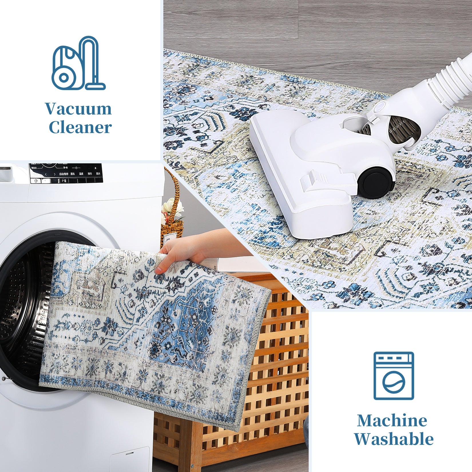 Garvee Area Rug 2x3 Machine Washable Rug Blue Vintage Distressed Area Rugs Indoor Floor Cover Carpet Rug Soft Velvet Mat Foldable Accent Rug for Living Room Bedroom, 2'x3', Blue