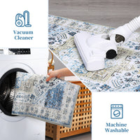Garvee Area Rug 2x3 Machine Washable Rug Blue Vintage Distressed Area Rugs Indoor Floor Cover Carpet Rug Soft Velvet Mat Foldable Accent Rug for Living Room Bedroom, 2'x3', Blue