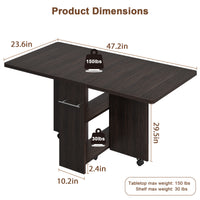 Garvee 47.2" Drop Leaf Dining Table in Movable Design with 2 Storage Shelf and 6 Wheels, Dark Walnut