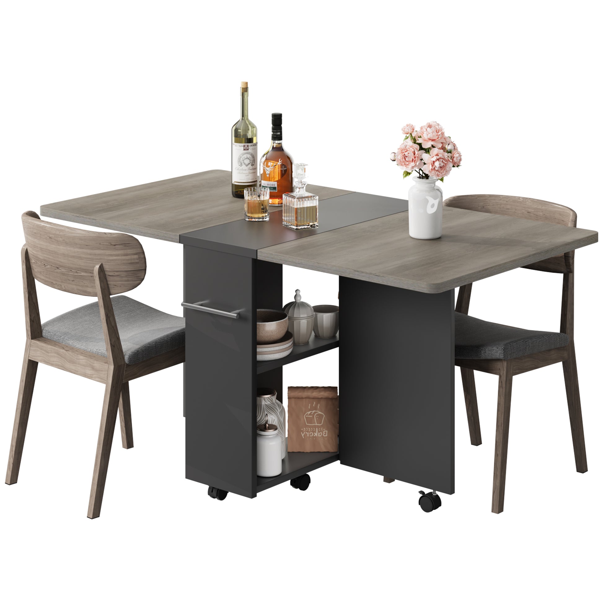 Garvee 47.2" Drop Leaf Dining Table in Movable Design with 2 Storage Shelf and 6 Wheels, Grey