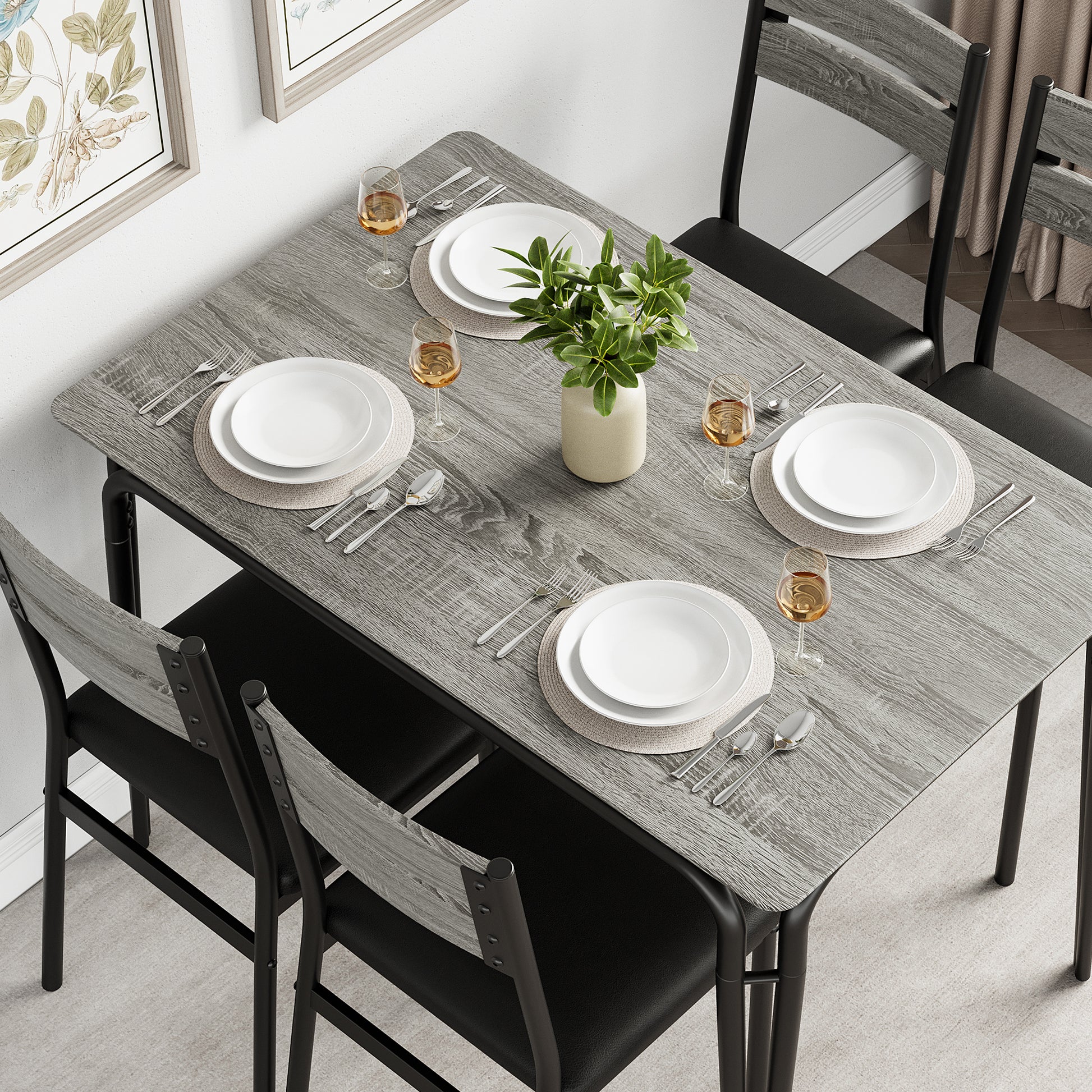 Garvee Modern Dining Table and Chair Set with for Rectangle Wood Table and 4 Upholstered Seats, Grey