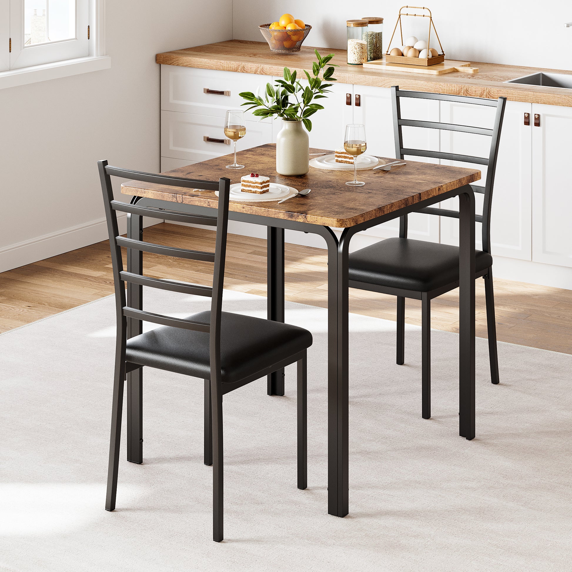 Garvee Small Square Dining Table Set for 2, Space Saving Wood Dinette with Upholstered Seats, Ideal for Kitchen, Dining Room, Home Office, Brown