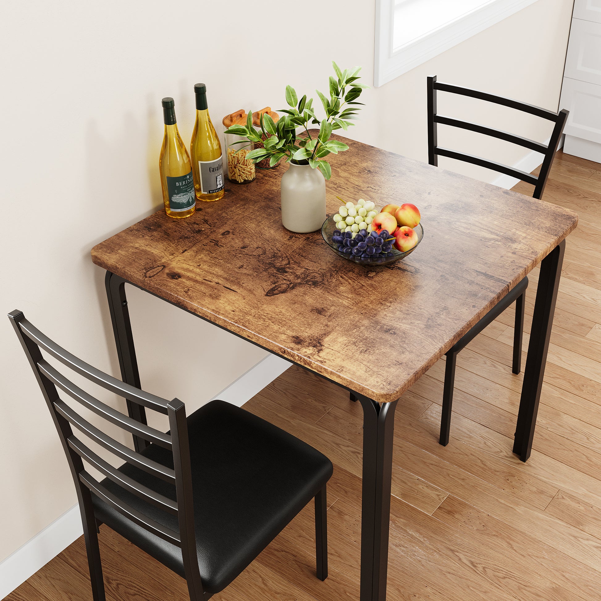 Garvee Small Square Dining Table Set for 2, Space Saving Wood Dinette with Upholstered Seats, Ideal for Kitchen, Dining Room, Home Office, Brown