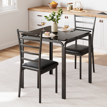 Garvee Glass Dining Table for 2, Space Saving Dinette with Upholstered Seats, Ideal for Kitchen, Dining Room, Home Office, Black Glass