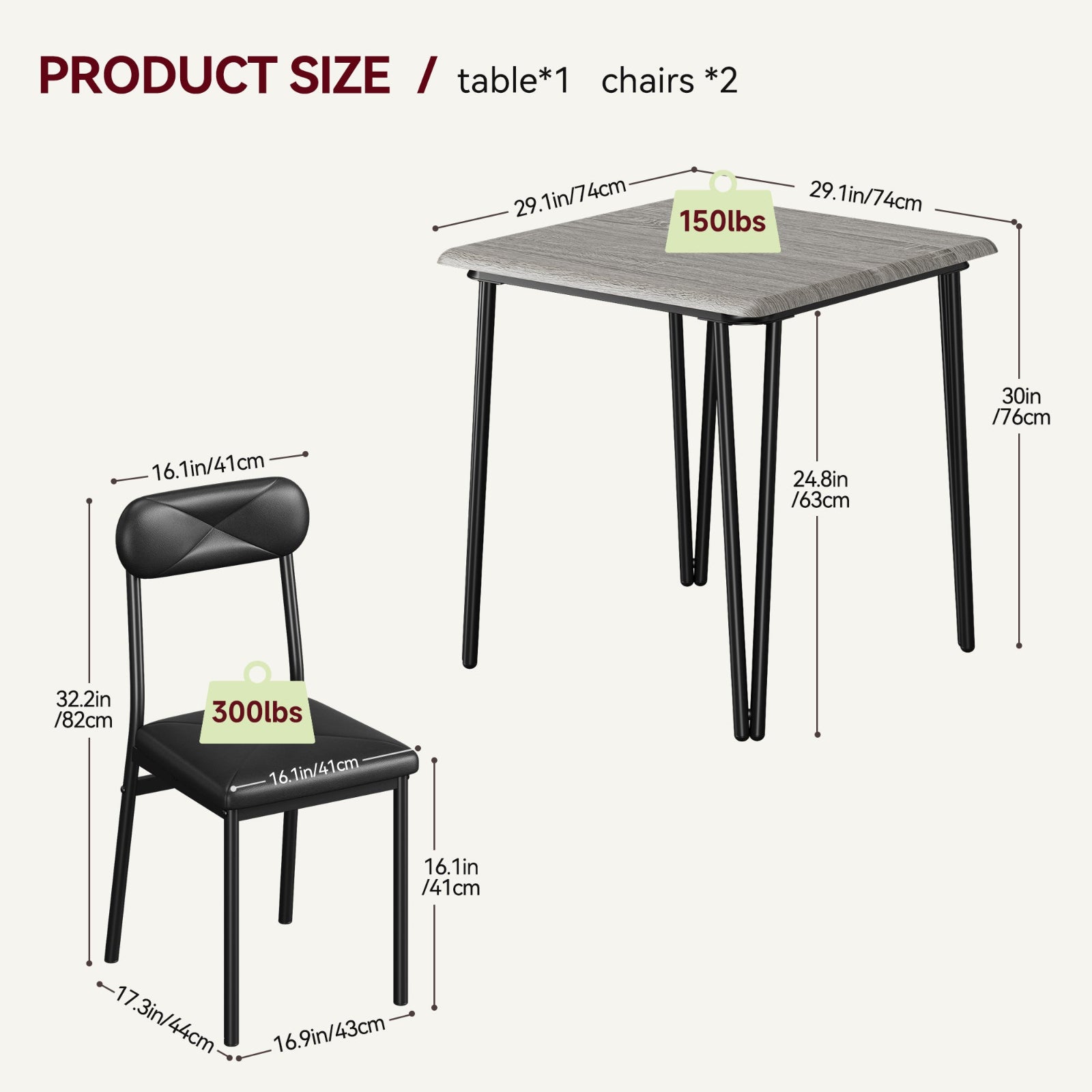 Garvee Dining Table Set for 2, Space-Saving Wood Modern Dinette, Upholstered Seats, Metal Frames, Ideal for Small Spaces, Home Office, Breakfast Nook, Grey