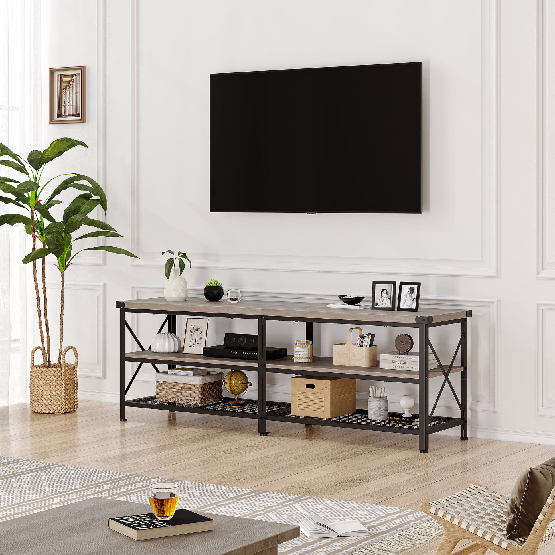 Garvee Industrial TV Stand for 65+ Inch TV, High-Density MDF & Metal, Open Shelves, Adjustable Footpads, Living Room