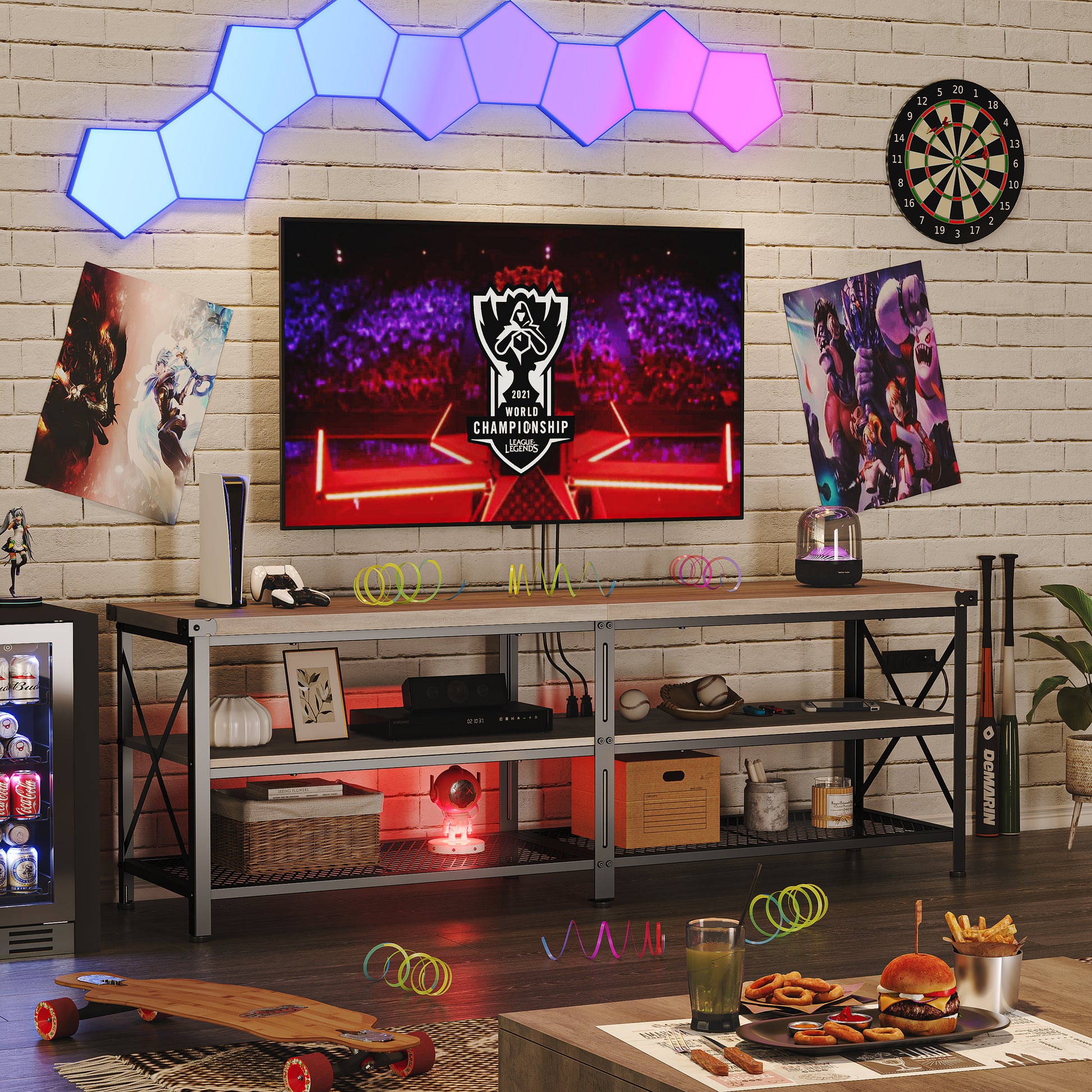 Garvee Industrial TV Stand for 65+ Inch TV, High-Density MDF & Metal, Open Shelves, Adjustable Footpads, Living Room