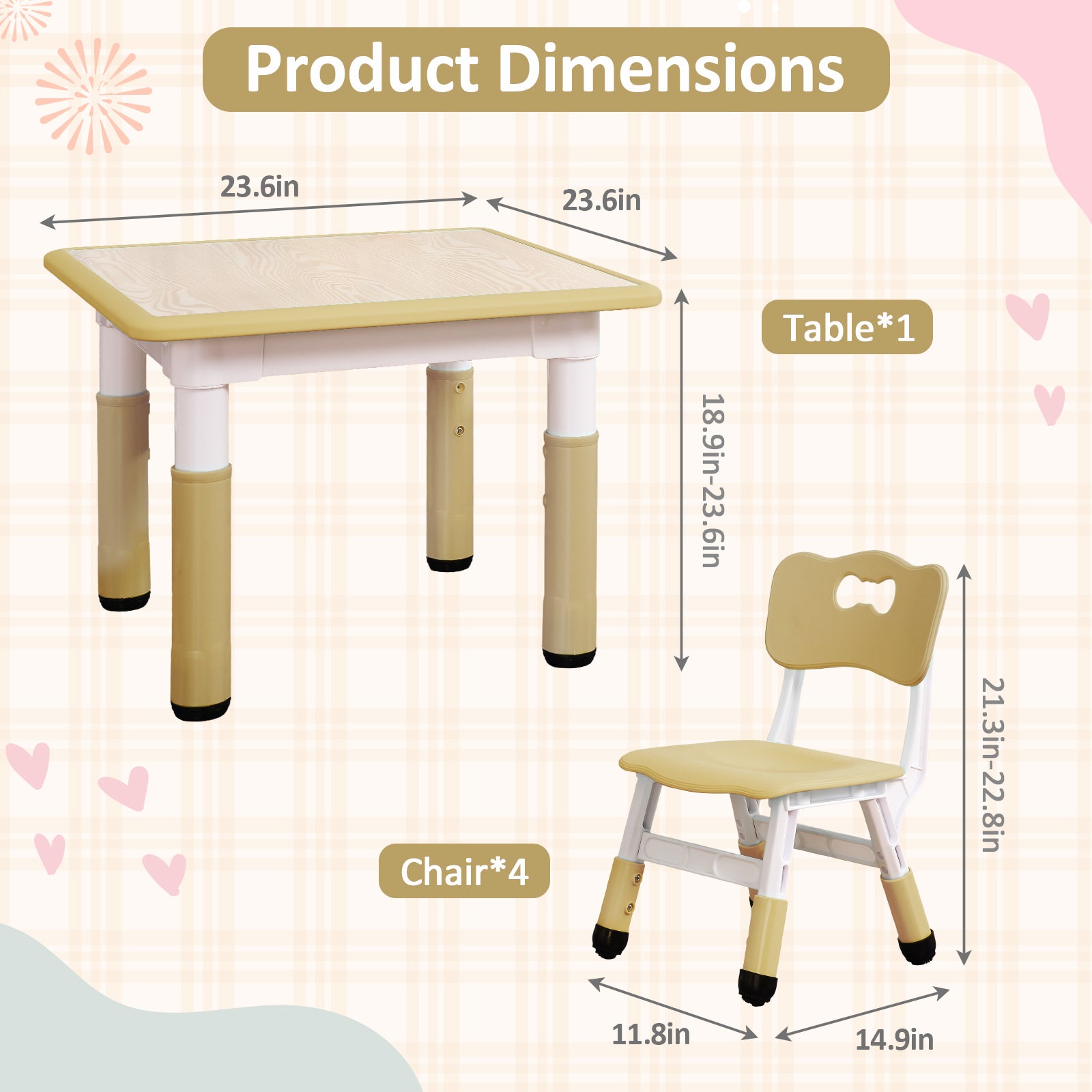 Garvee Square Kids Table and Chairs Set, 60 x 60CM, Height Adjustable Desk with 4 Seats, Graffiti Desktop, Non-Slip Legs, Multi-Activity Table for Classrooms Daycares Home - Wood Color