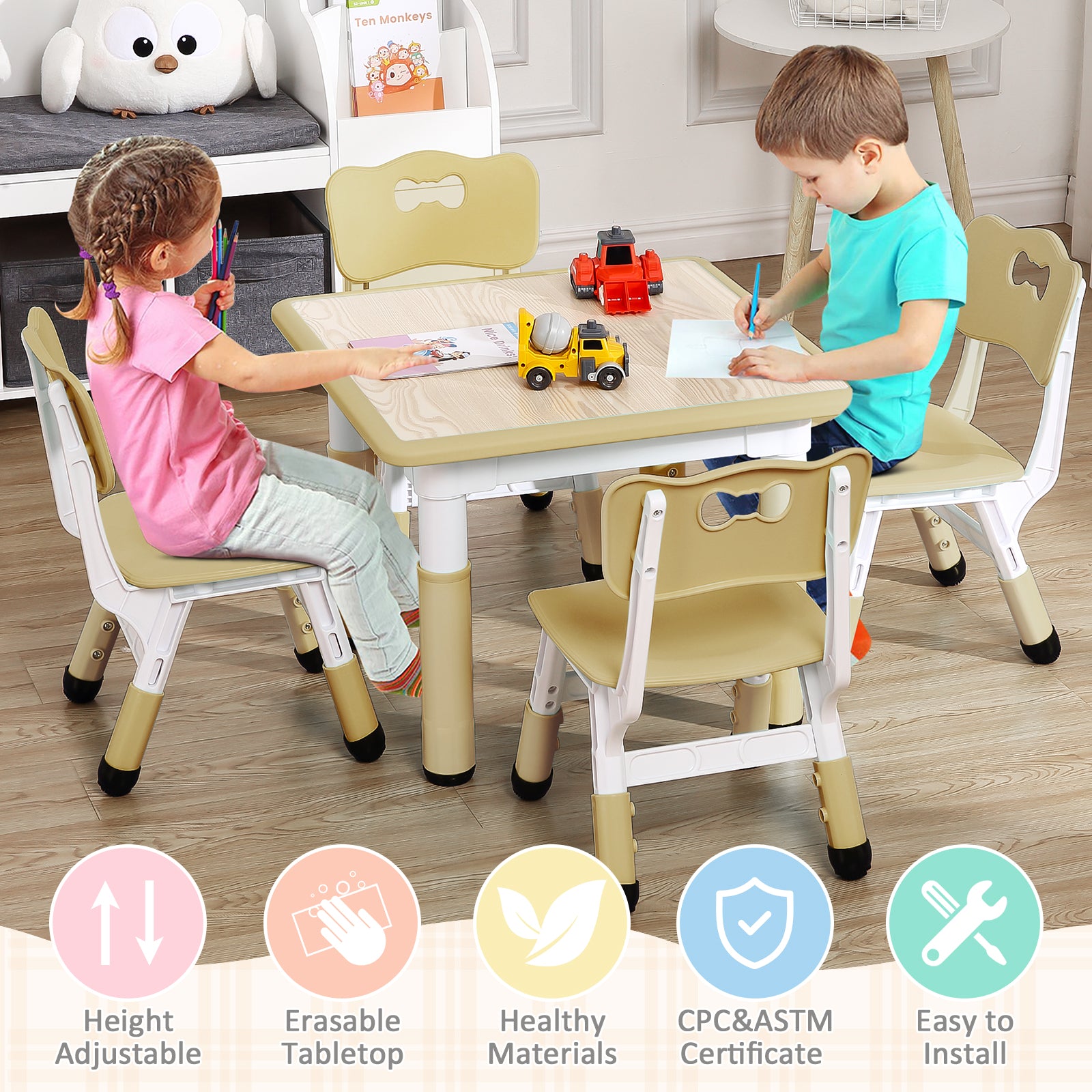 Garvee Square Kids Table and Chairs Set, 60 x 60CM, Height Adjustable Desk with 4 Seats, Graffiti Desktop, Non-Slip Legs, Multi-Activity Table for Classrooms Daycares Home - Wood Color