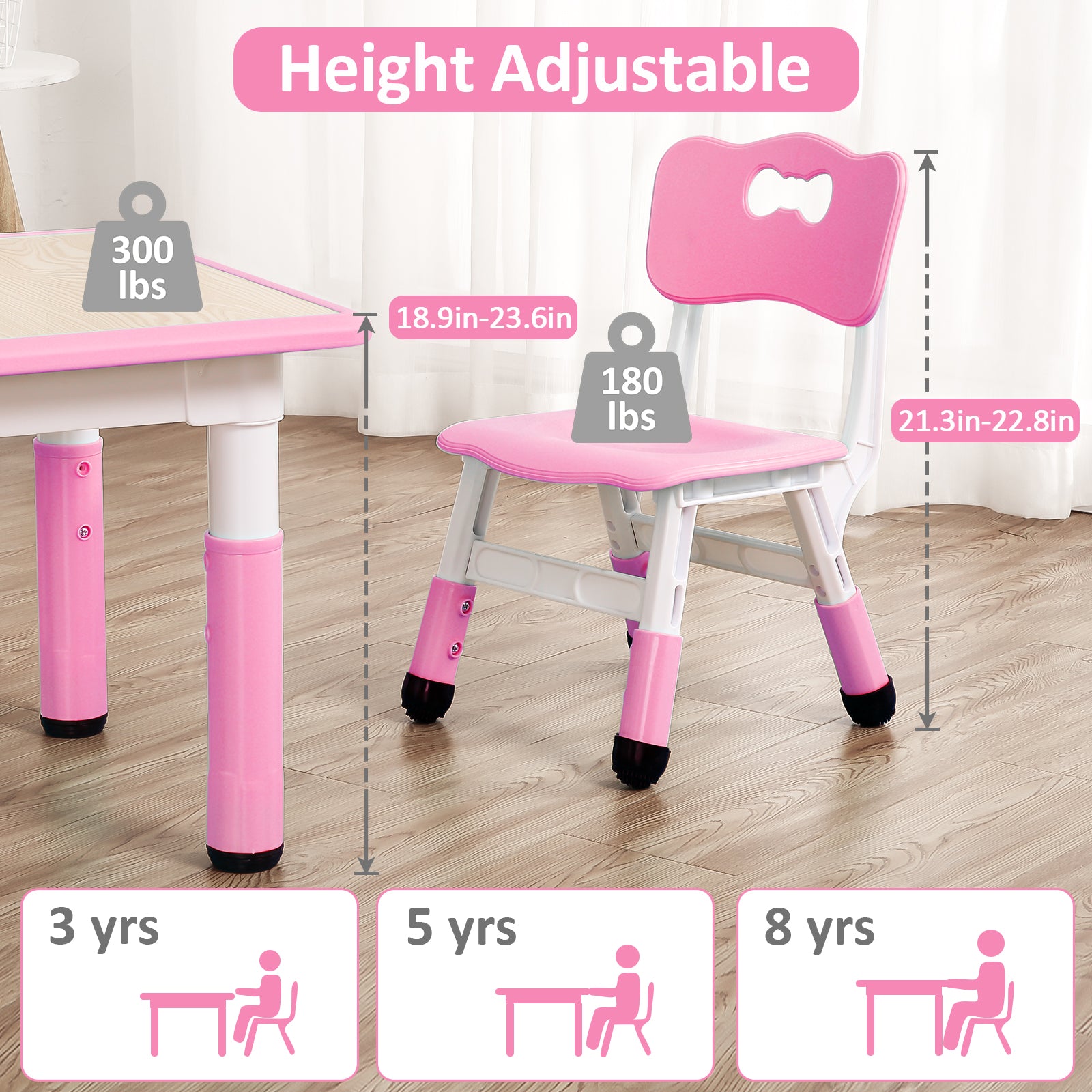 Garvee Square Kids Table and Chairs Set, 60 x 60CM, Height Adjustable Desk with 4 Seats, Graffiti Desktop, Non-Slip Legs, Multi-Activity Table for Classrooms Daycares Home - Pink Color