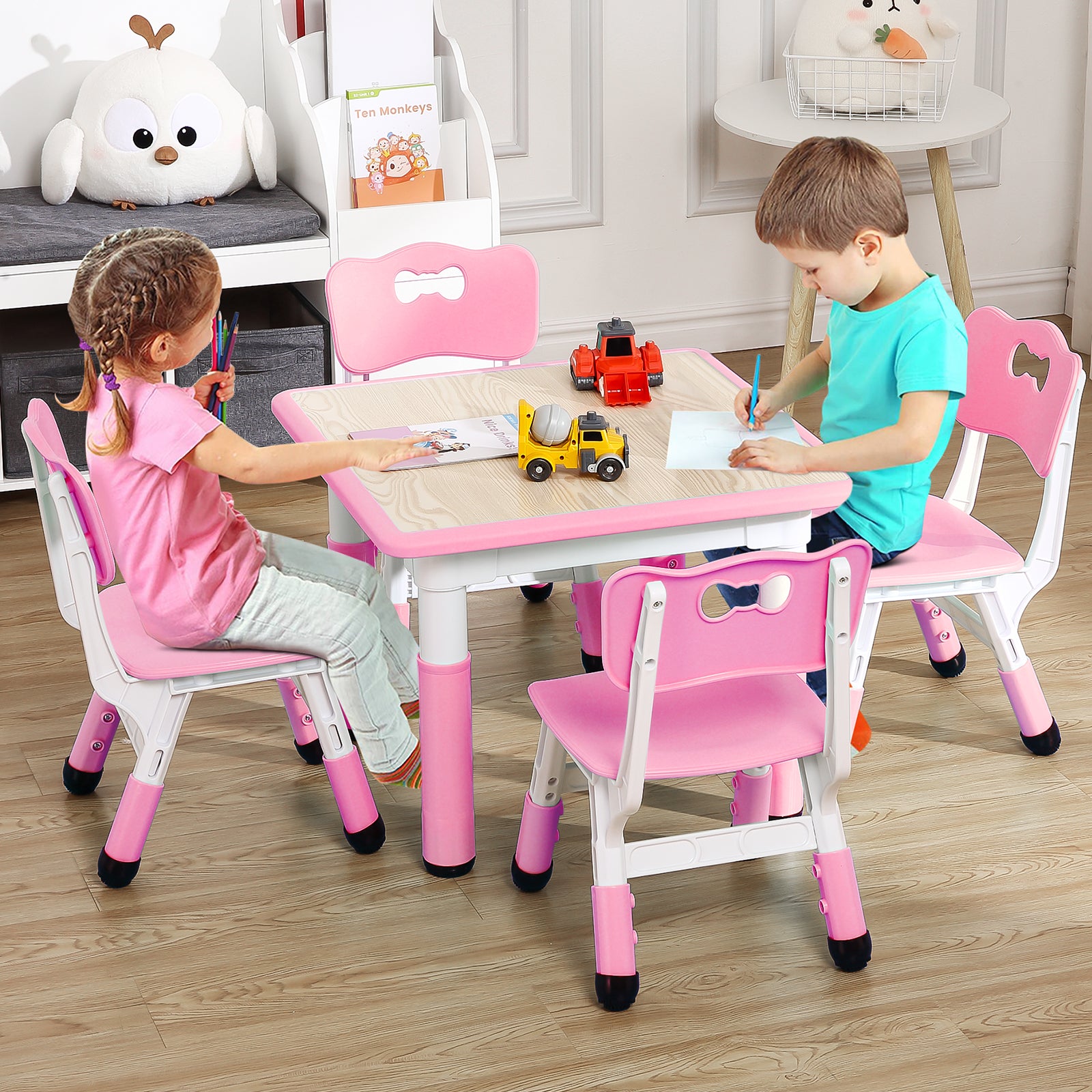 Garvee Square Kids Table and Chairs Set, 60 x 60CM, Height Adjustable Desk with 4 Seats, Graffiti Desktop, Non-Slip Legs, Multi-Activity Table for Classrooms Daycares Home - Pink Color