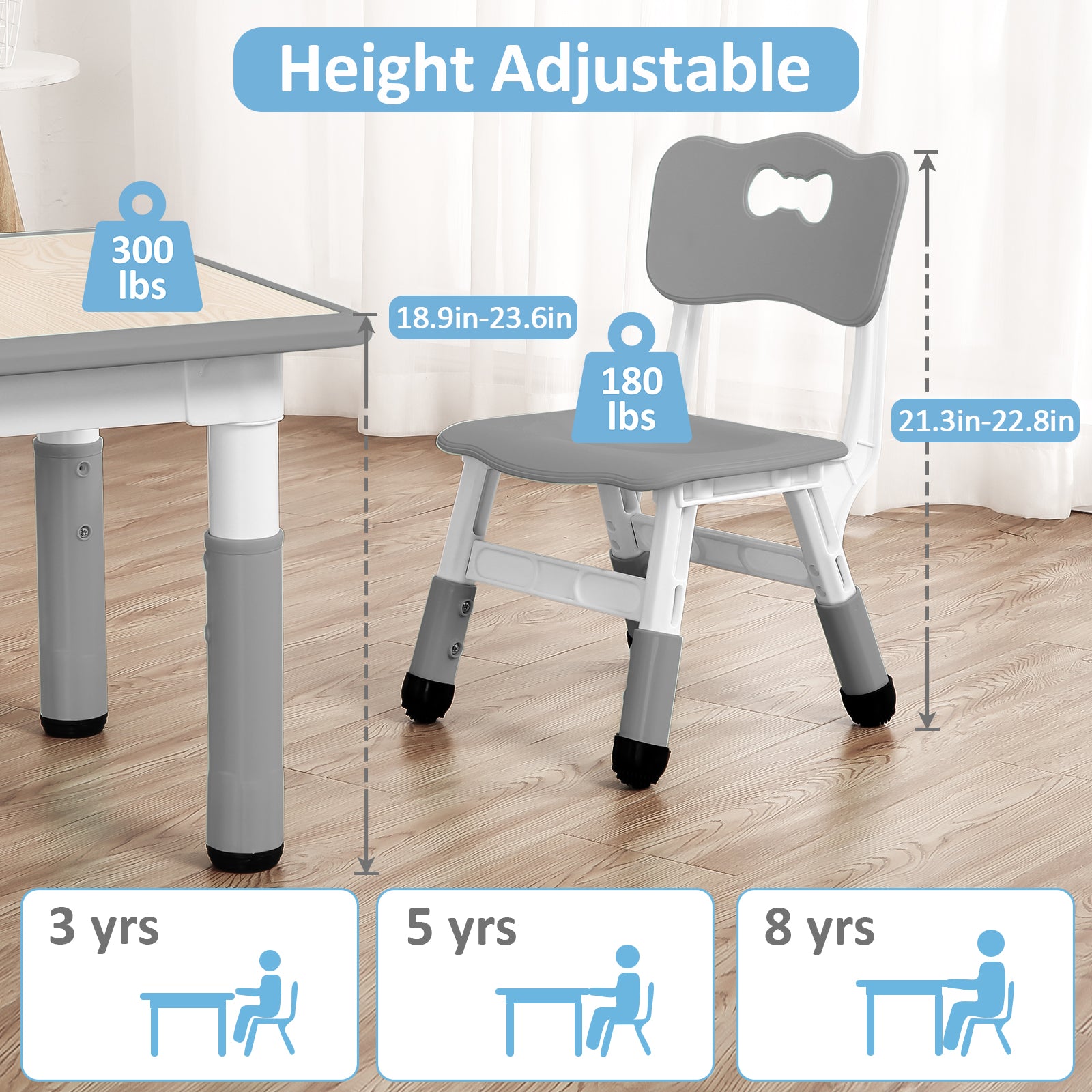 Garvee Square Kids Table and Chairs Set, 60 x 60CM, Height Adjustable Desk with 4 Seats, Graffiti Desktop, Non-Slip Legs, Multi-Activity Table for Classrooms Daycares Home - Light Gray Color
