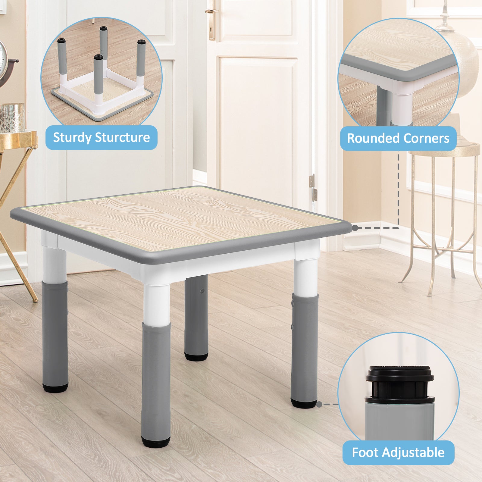 Garvee Square Kids Table and Chairs Set, 60 x 60CM, Height Adjustable Desk with 4 Seats, Graffiti Desktop, Non-Slip Legs, Multi-Activity Table for Classrooms Daycares Home - Light Gray Color