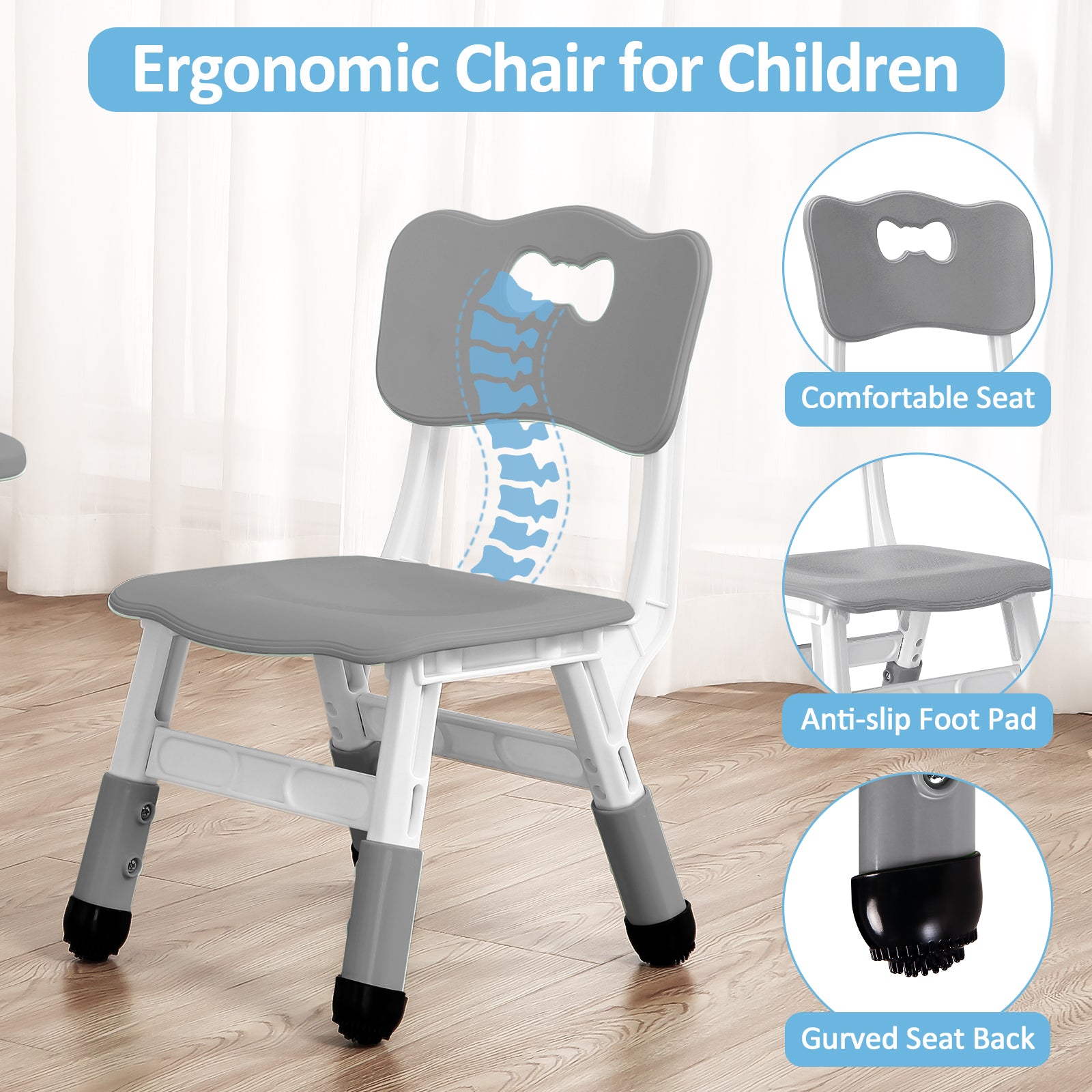 Garvee Square Kids Table and Chairs Set, 60 x 60CM, Height Adjustable Desk with 4 Seats, Graffiti Desktop, Non-Slip Legs, Multi-Activity Table for Classrooms Daycares Home - Light Gray Color