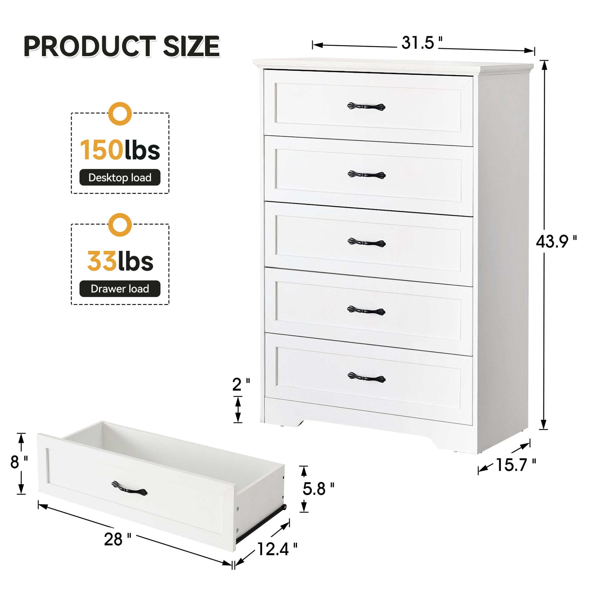 Garvee 5 Drawers Dresser for Bedroom, Chest of Drawers with Wide Metal Handle, Farmhouse Modern Wooden Dresser Storage Organizer for Bedroom, Living Room, Kids Room(White)