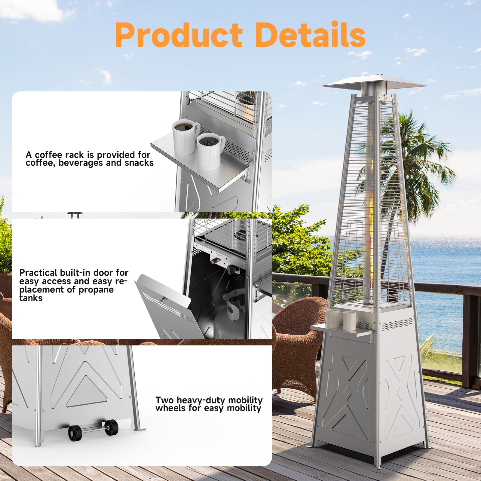 Garvee Outdoor Gas Patio Heater, 2-in-1 Patio Propane Heater with Removable Table Patio Propane Cover, Heater, Wheels, Ground Pegs