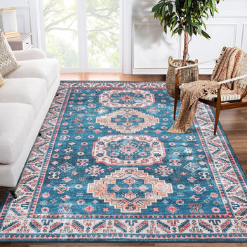 Garvee Navy Blue 9x12 Large Area Rug, Living Room Rug Oriental Indoor Rug Boho Floor Cover Vintage Tribal Area Rugs Non-Slip Area Rug Distressed Carpet for Bedroom Kitchen Home Office