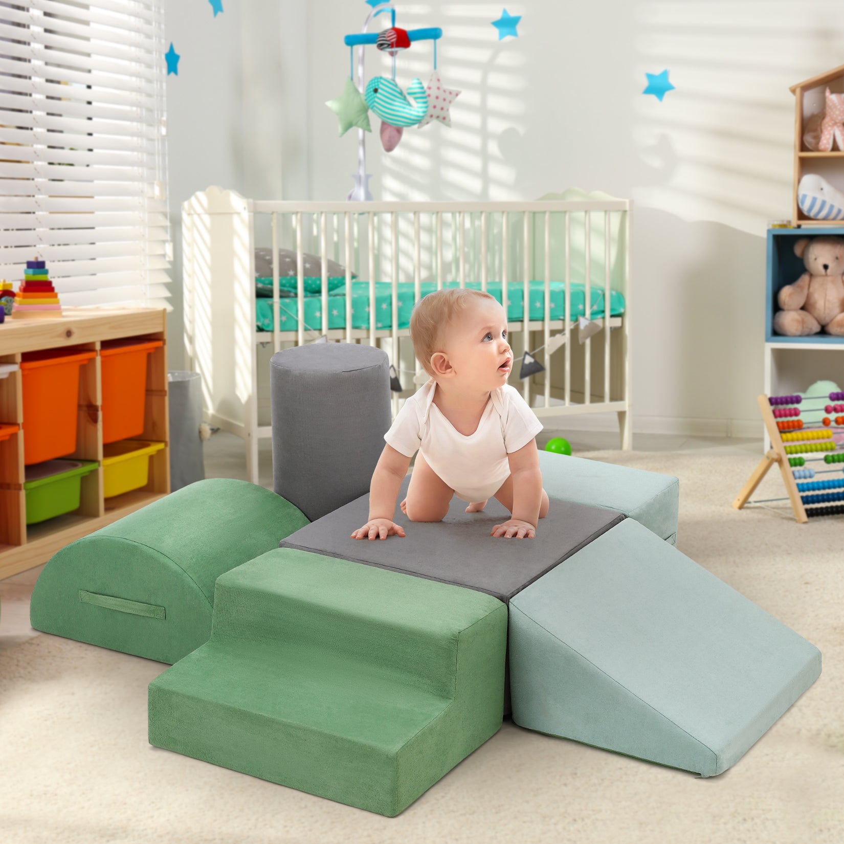 Soft foam climbing set for toddlers with stairs, ramp, and cylinder blocks, safe and durable