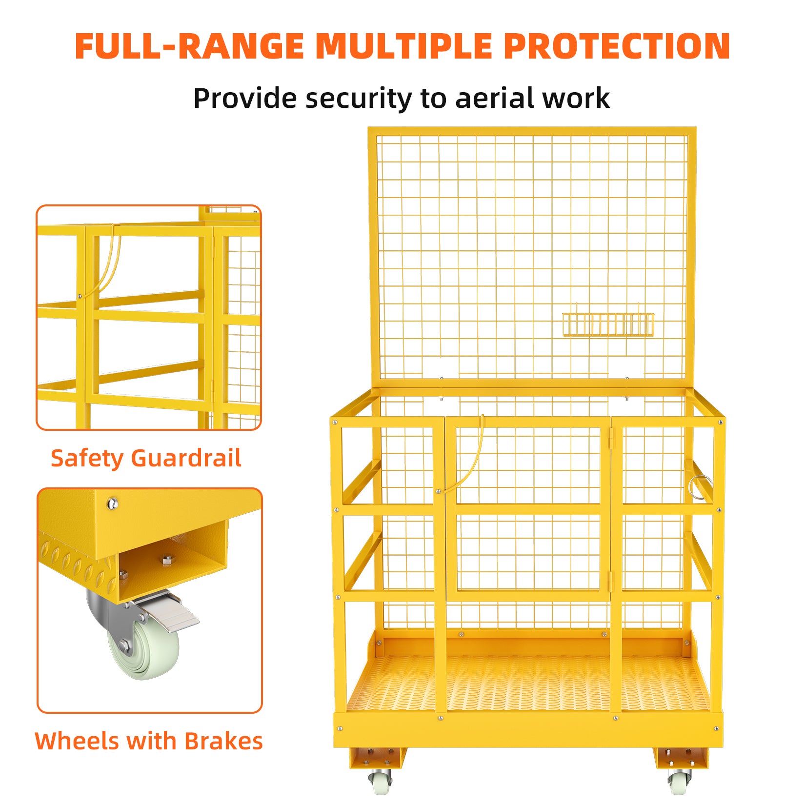 Garvee 43"x45" Forklift Safety Cage, Forklift Man Basket Forklift Work Platform with Safety Harness & Lock, 1400lbs Capacity Drain Hole & Wheels & Tool Basket, Perfect for Aerial Work