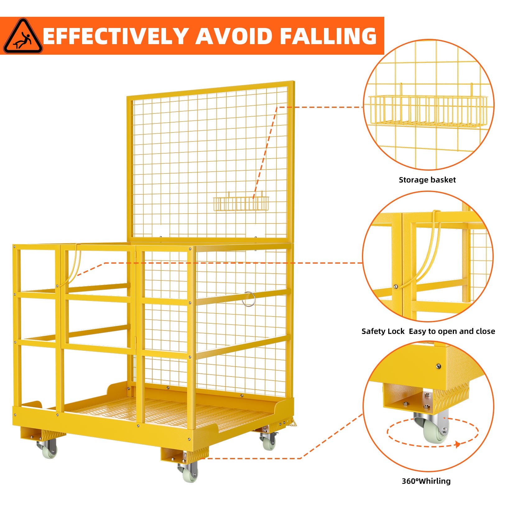Garvee 43"x45" Forklift Safety Cage, Forklift Man Basket Forklift Work Platform with Safety Harness & Lock, 1400lbs Capacity Drain Hole & Wheels & Tool Basket, Perfect for Aerial Work
