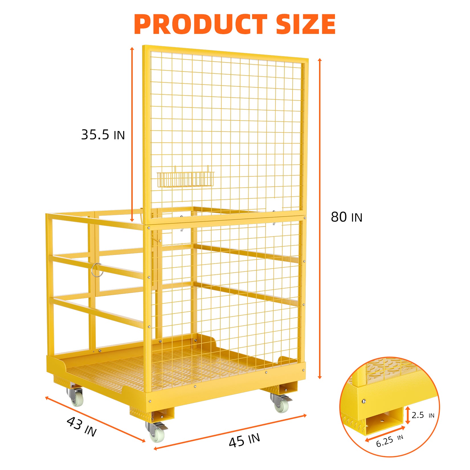 Garvee 43"x45" Forklift Safety Cage, Forklift Man Basket Forklift Work Platform with Safety Harness & Lock, 1400lbs Capacity Drain Hole & Wheels & Tool Basket, Perfect for Aerial Work