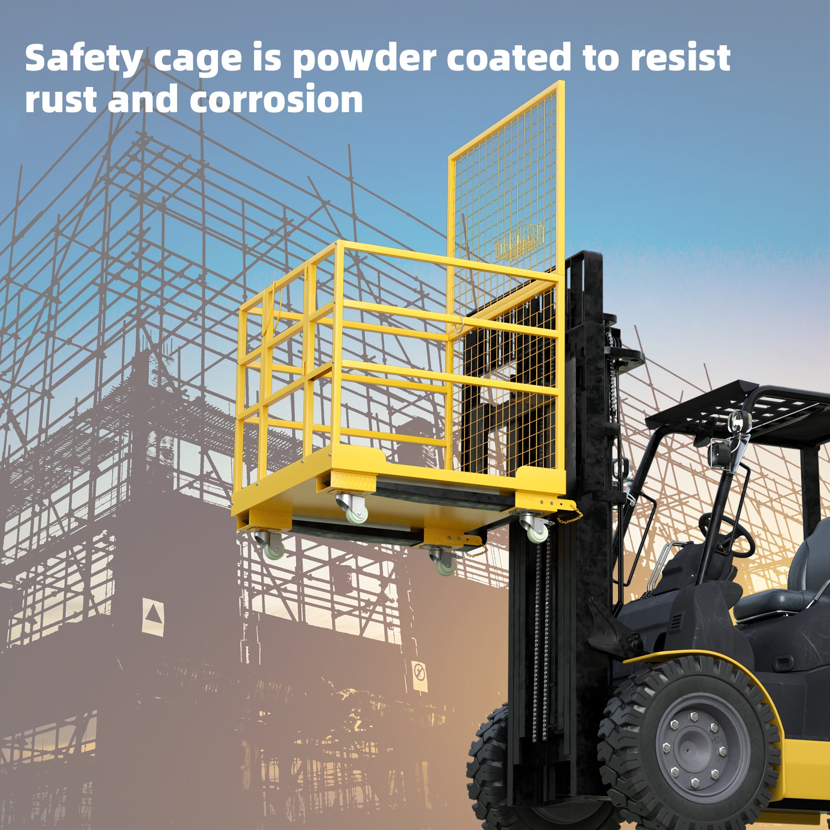 Garvee 43"x45" Forklift Safety Cage, Forklift Man Basket Forklift Work Platform with Safety Harness & Lock, 1400lbs Capacity Drain Hole & Wheels & Tool Basket, Perfect for Aerial Work
