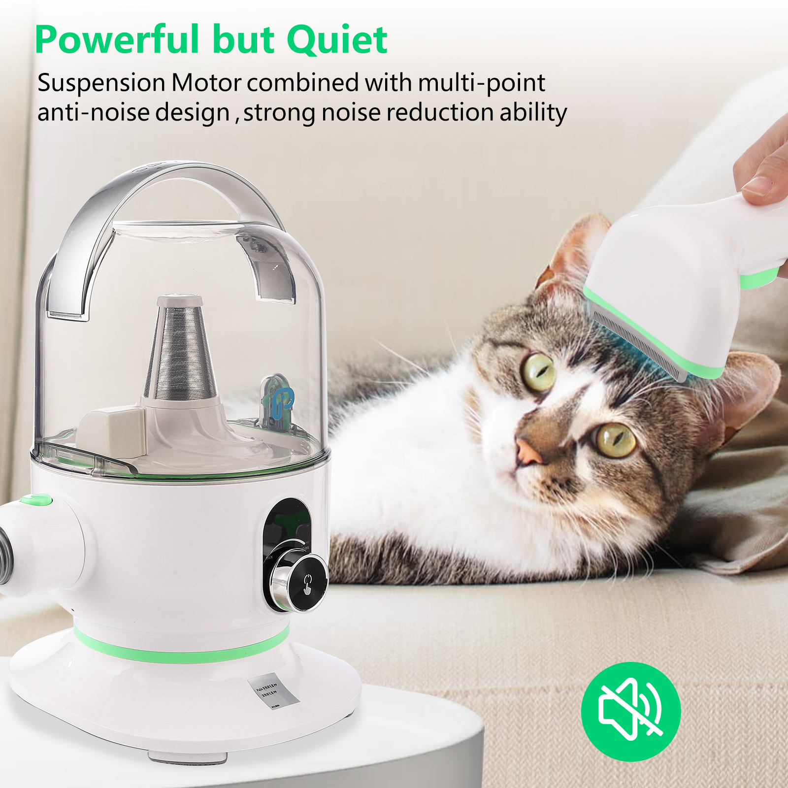 Garvee Pet Grooming Vacuum Kit, 16-Level Suction, 2L Dustbin, Low Noise Dog Hair Remover with 4 Combs, Green