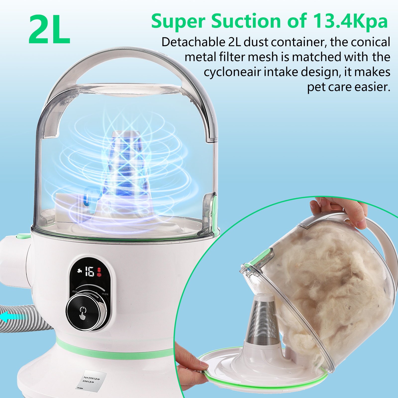 Garvee Pet Grooming Vacuum Kit, 16-Level Suction, 2L Dustbin, Low Noise Dog Hair Remover with 4 Combs, Green