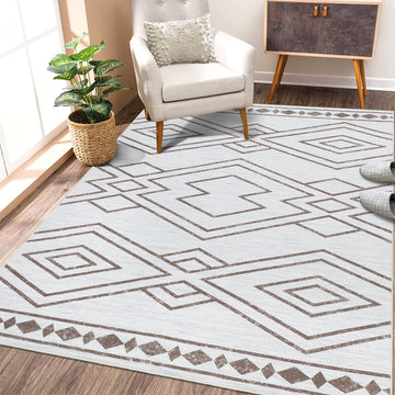 Garvee Washable Rug 9x12 Modern Geometric Area Rug Non Slip Large Area Rug Low Pile Farmhouse Rug Non Shedding Distressed Throw Rugs Floor Carpet for Living Room Bedrooms, Taupe