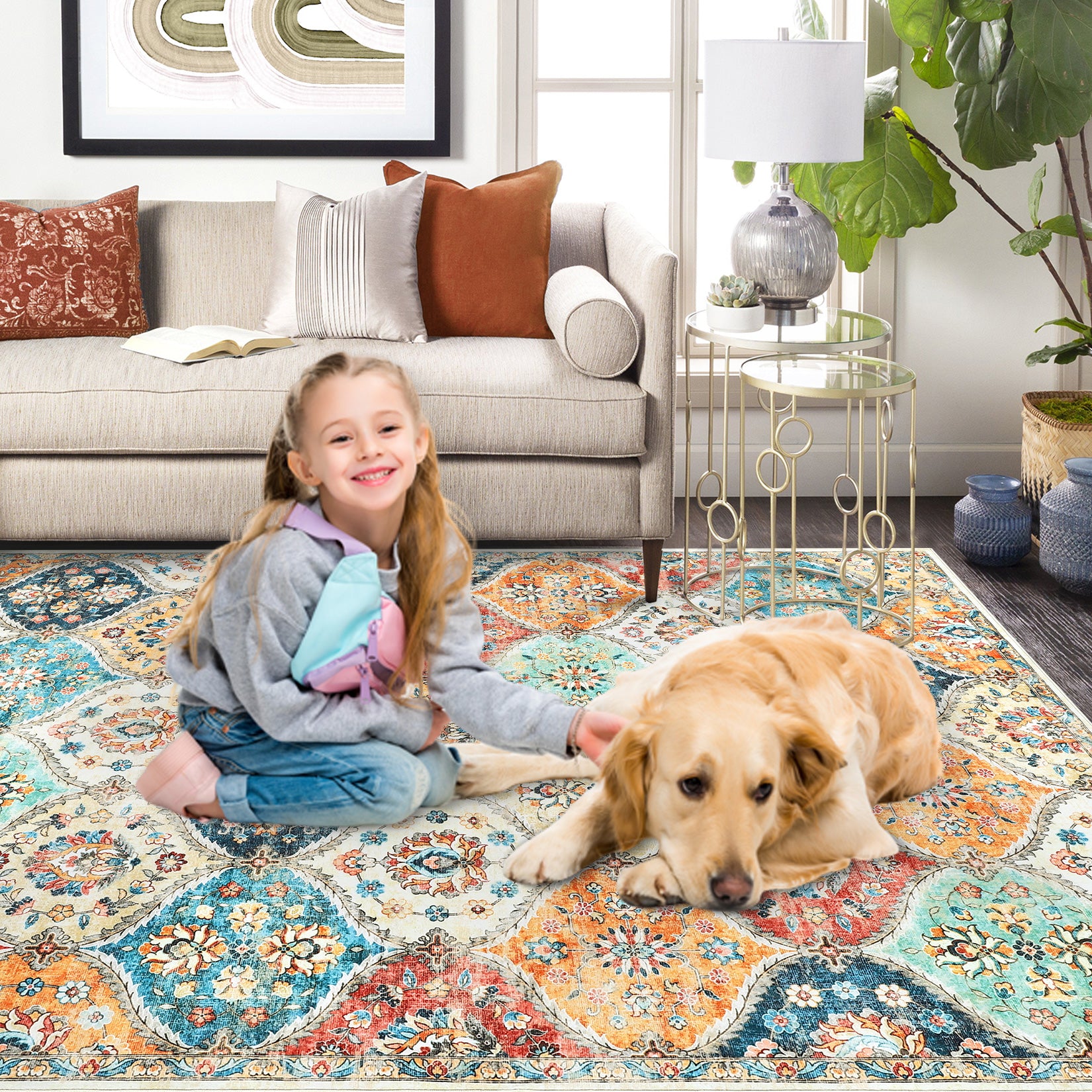 Garvee Floral Orange Washable 2x8 Runner Rug Vintage Floral Non Slip Low Pile Faux Wool Kitchen Bathroom Mat