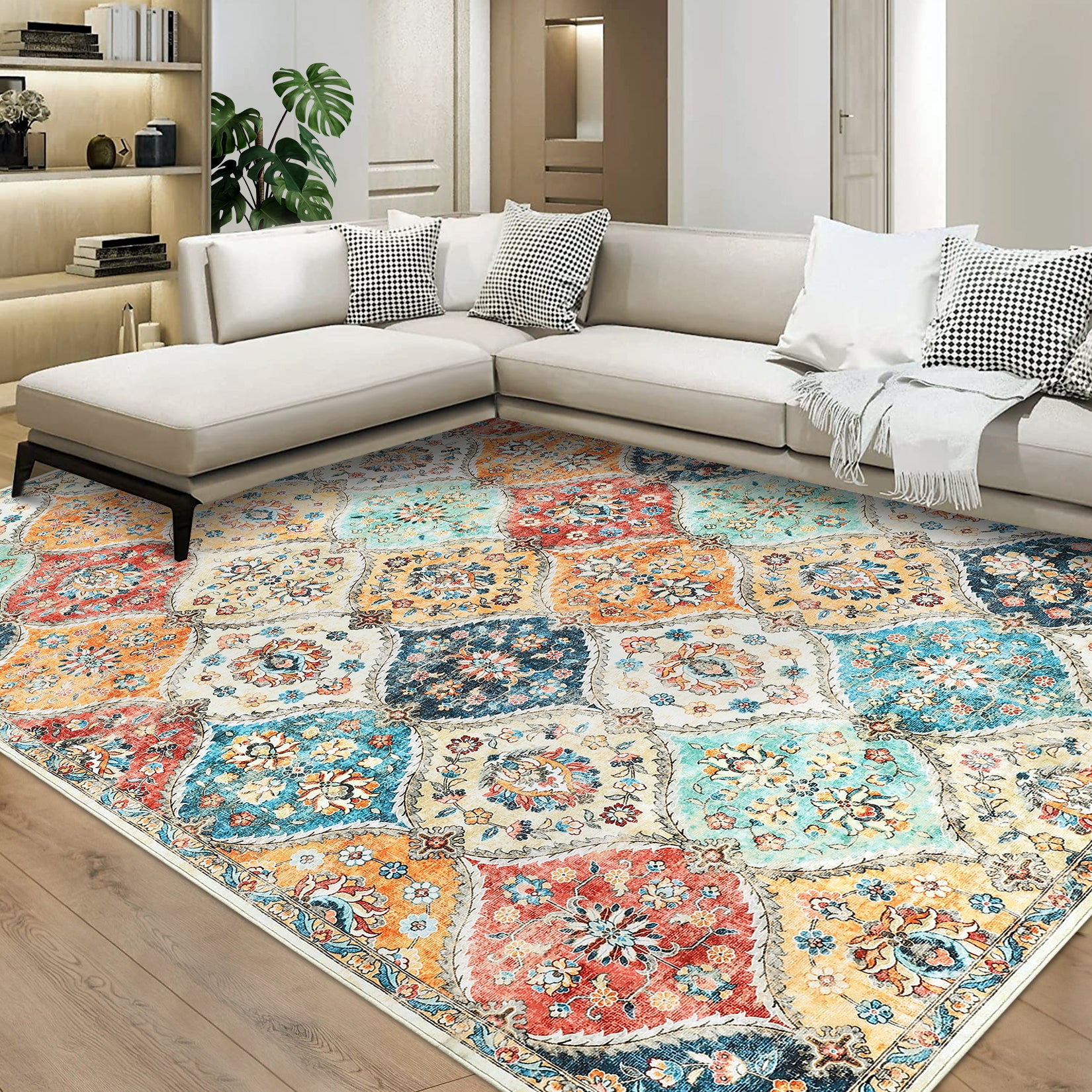Garvee Machine Washable Rug 4x6 | Non-Slip, Ultra-Thin | Faux Wool, Vintage Trellis | Living Room, Bedroom, Dining Room