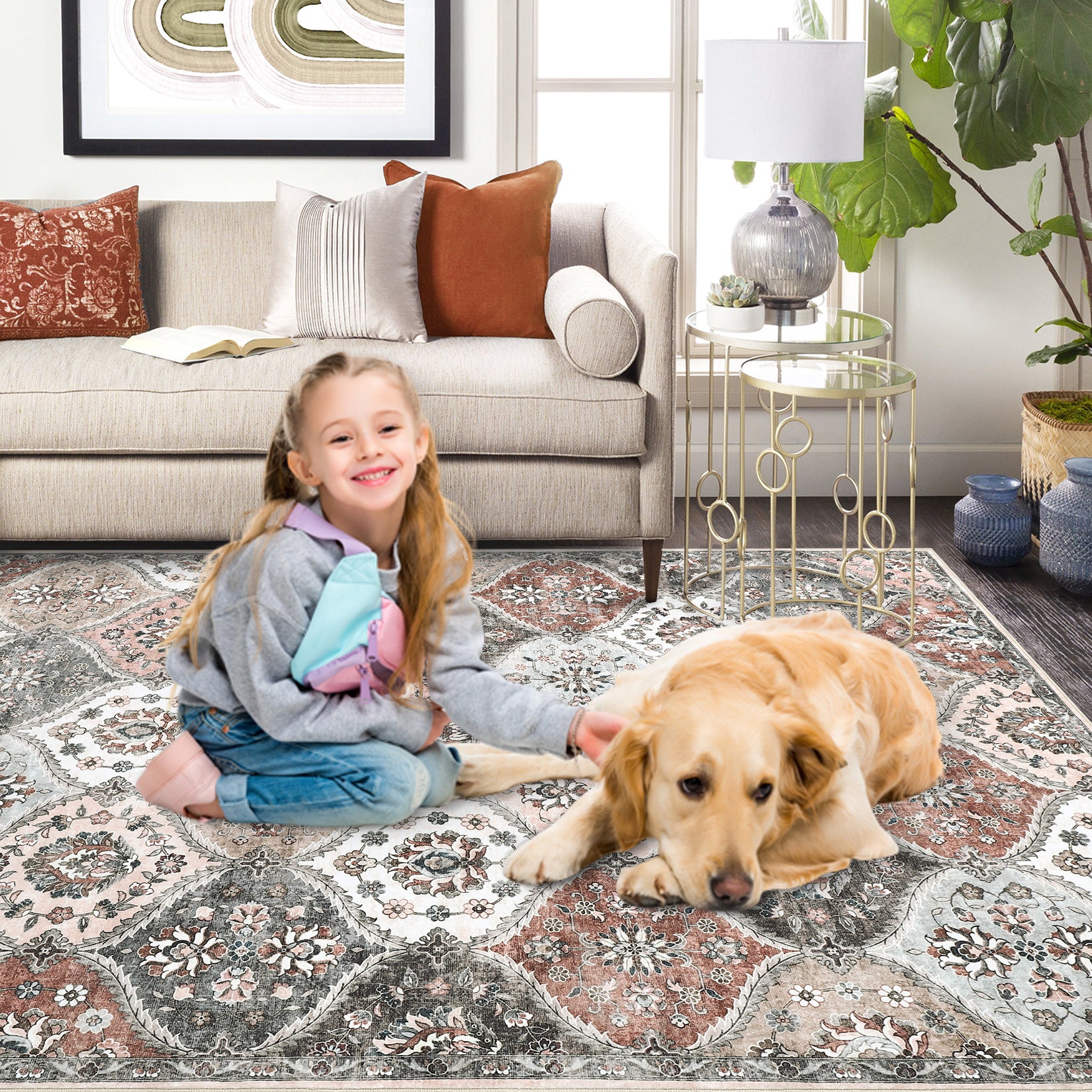 Garvee Washable Area Rug 10x13 Area Rug for Living Room Moroccan Trellis Rug Non Slip Throw Rugs Large Area Rug for Bedroom Low Pile Soft Stain Resistant Carpet for Dining Room