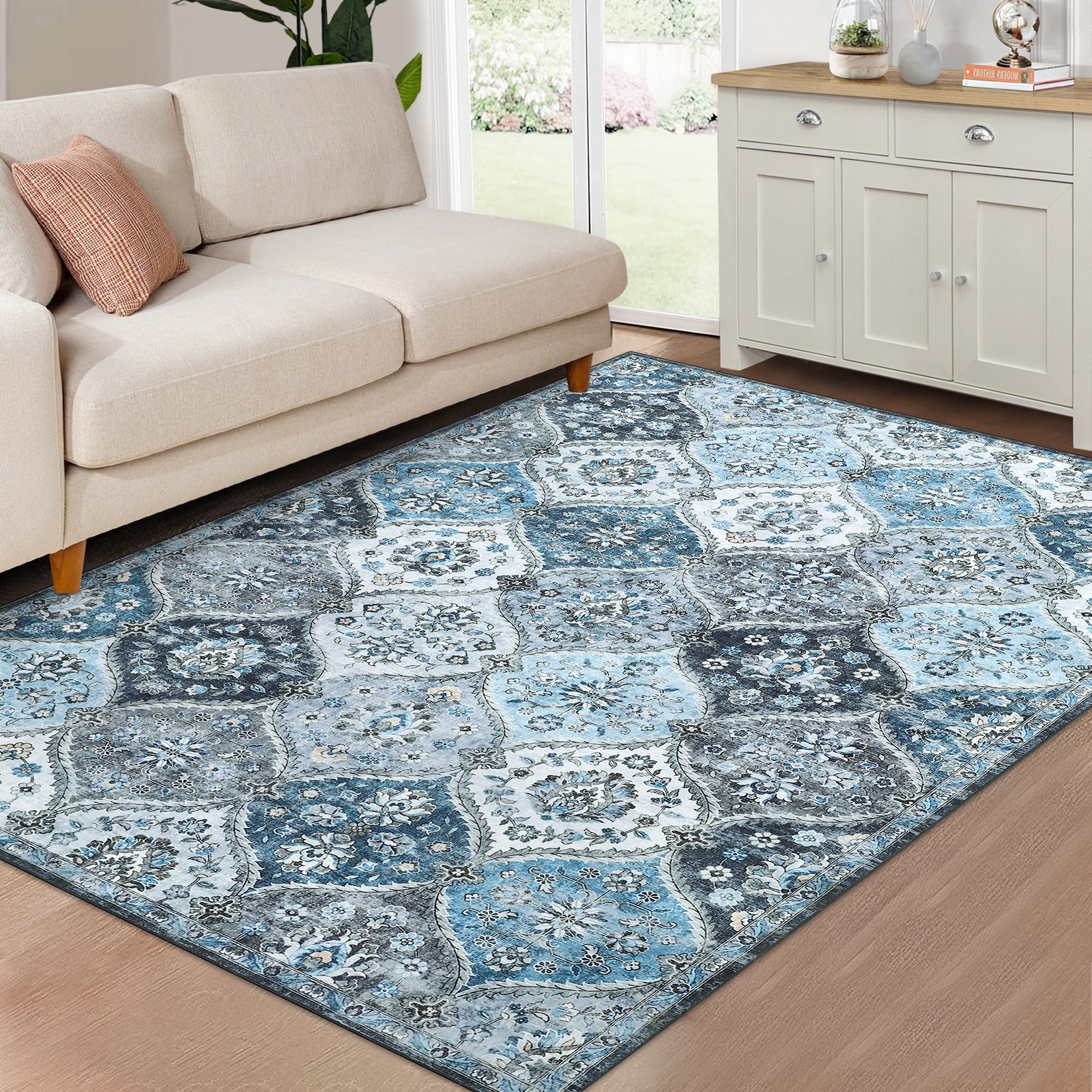 Garvee Washable Area Rug Moroccan Trellis Distressed Stain Resistant Non-Slip Vintage Medallion Accent Rug 3' x 5'