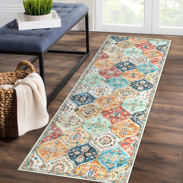 Garvee Floral Orange Washable 2x8 Runner Rug Vintage Floral Non Slip Low Pile Faux Wool Kitchen Bathroom Mat