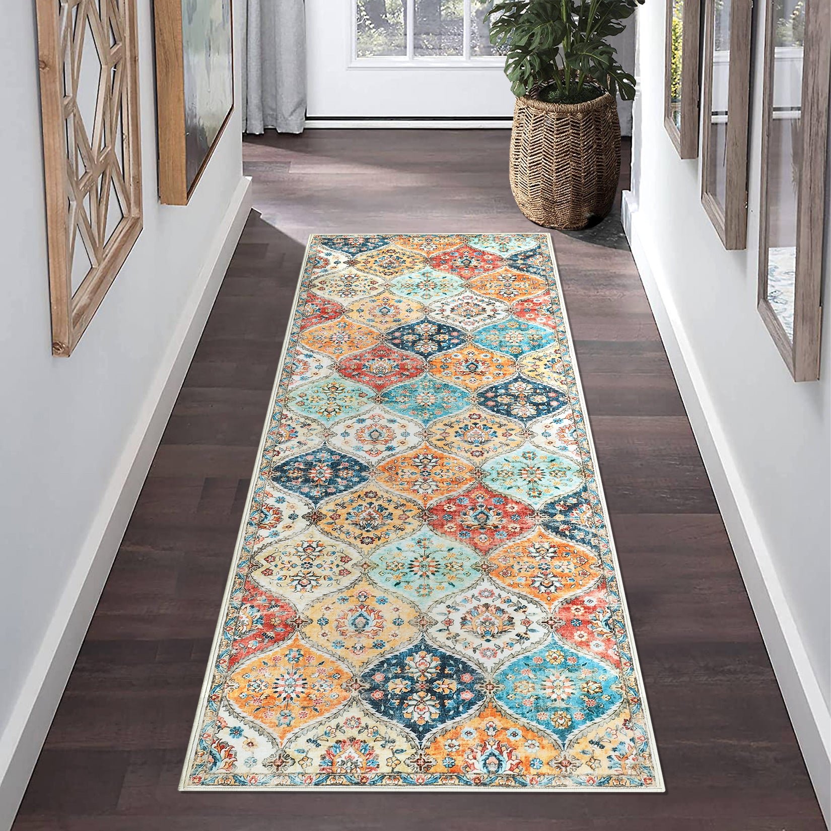 Garvee Floral Orange Washable 2x8 Runner Rug Vintage Floral Non Slip Low Pile Faux Wool Kitchen Bathroom Mat